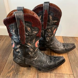 Dan Post Distressed Black Boots with red trim.